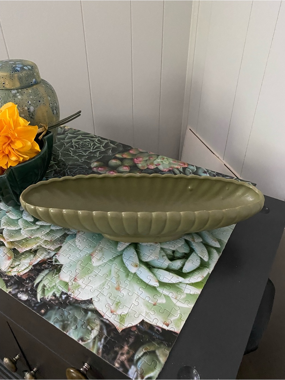 Vintage Floraline Olive Green Ceramic Trough Bowl